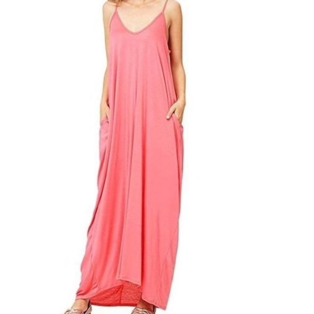 Coral pink spaghetti strap maxi sun dress pockets
